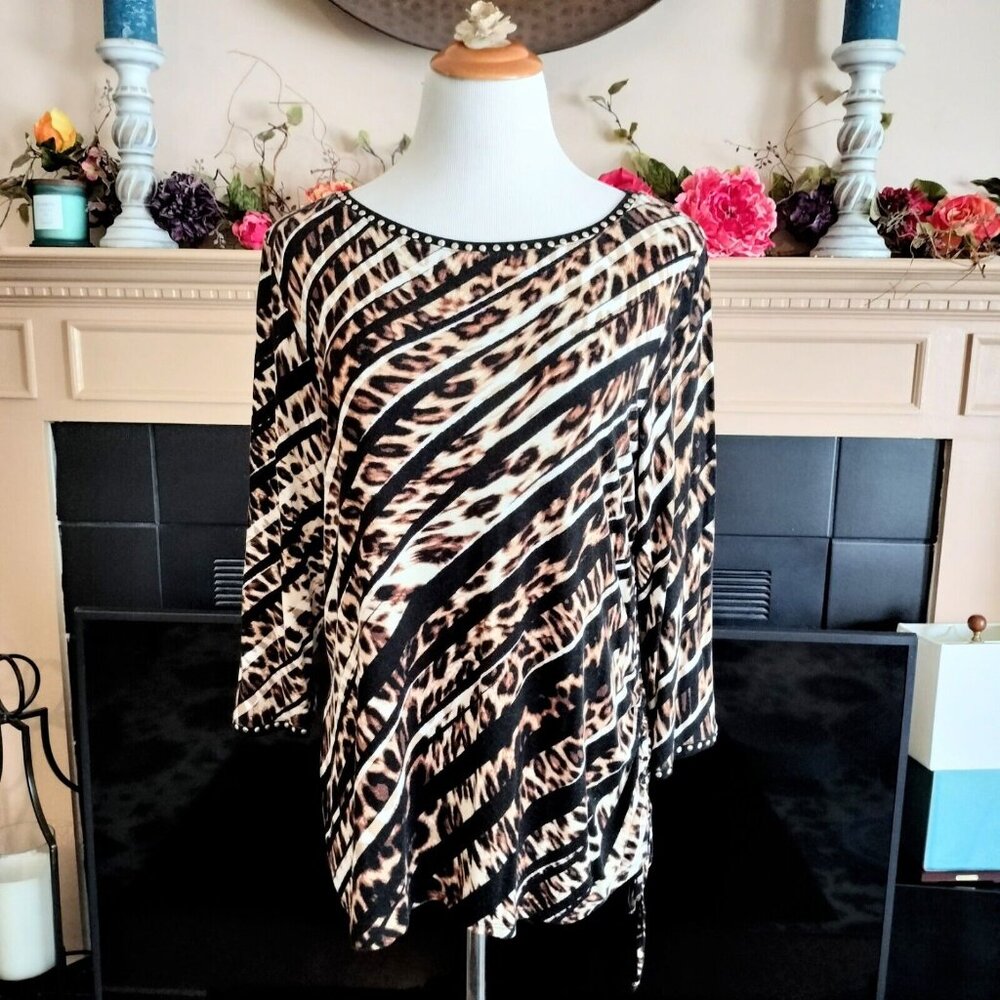 Ruby Rd Studded Knit Top L Diagonal Stripe Leopard Multi 3/4 Sleeve Side Tie